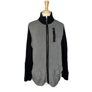 RALPH LAUREN LRL Herringbone Colorblock Zip Cardigan Sweater Size 1X Black White